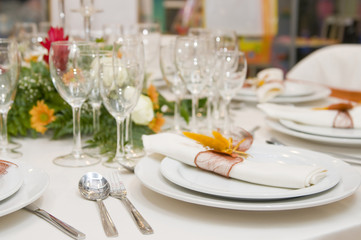 Fancy table set for a wedding celebration
