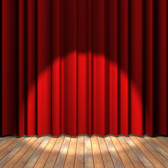 Red curtain stage with a spot light