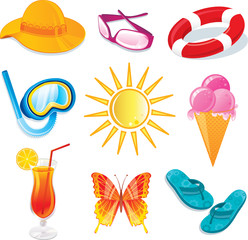 Summer and travel icon set on white
