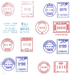 red and blue european postmarks