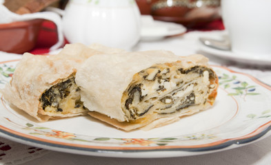 Roll with mushrooms and eggs, selective focus