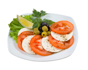 Arrangement of mozzarella and tomatoes.