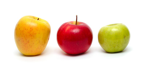 three multicolored apples in a row