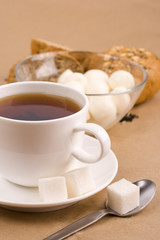 cup of tea, mozzarella and bread