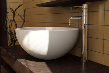 close-up shot of white round sink in bathroom