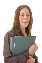 image of a smiling professional woman holding folders