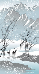 Four seasons: winter, Chinese traditional painting style, vector