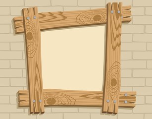 Frame of wooden boards on brick wall, vector illustration