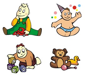 Set of cartoon drawing of playing babies, vector illustration