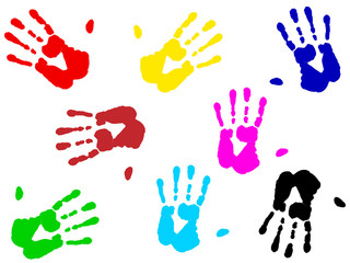illustration of multicolored hand print over white