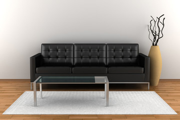 interior with black leather sofa and glass table