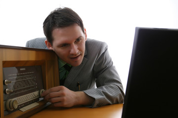man listening radio
