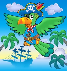 Deurstickers Piraten Vliegende piratenpapegaai met boot