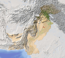 Pakistan, shaded relief map, colored for vegetation