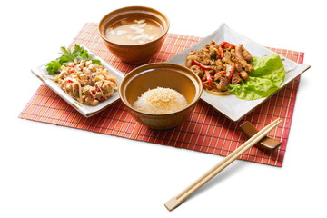 Asian business lunch with rice, soup, meat, tempura