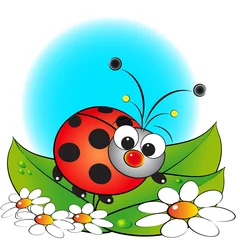 Foto op Plexiglas Lieveheersbeestje en bloemen - Kinderillustratie © Marta P. (Milacroft)
