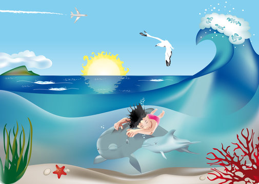 Bimba che nuota con i delfini