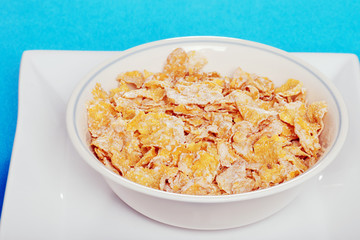 closeup bowl of flaky cereal