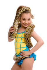 young girl with pet python, isolated on white