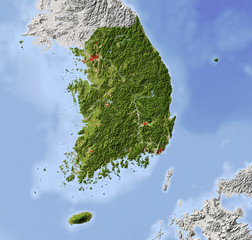 South Korea, shaded relief map, colored for vegetation