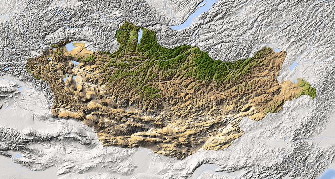 Mongolia, shaded relief map, colored for vegetation