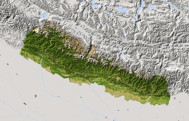 Nepal, shaded relief map, colored for vegetation