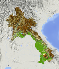 Laos, shaded relief map, colored for elevation.