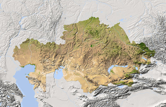 Kazakhstan, shaded relief map, colored for vegetation