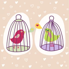Store enrouleur tamisant sans perçage Oiseaux en cages deux oiseaux en cage