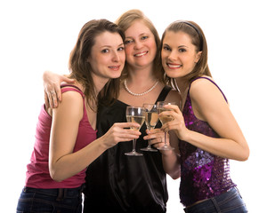 Three girls celebrating. Isolated on white