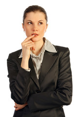 Fototapeta premium Attractive business woman thinking. Isolated on white.