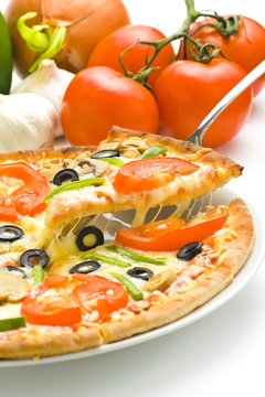 homemade pizza with fresh tomato olive mushroom cheese