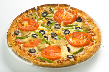 homemade pizza with fresh tomato olive mushroom cheese