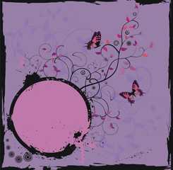 Grunge violet floral frame with butterflies