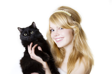Blonde girl with a black cat