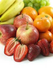 Fruits: apples, strawberries, oranges, bananas, grapes.