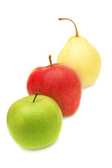 Pear and apples in a row.