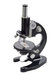 Old scientific microscope on white background