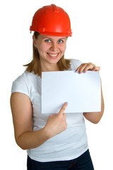 smiling women in a red building helmet