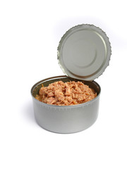 Tuna can open on white background, isolated photo