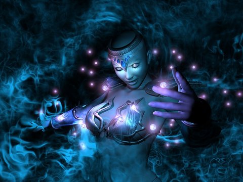 female wizard in mystic smoke casting spell