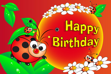 Fototapeta premium Ladybug and flowers - Birthday card