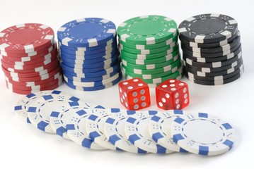 gambling dice and chips isolated on white