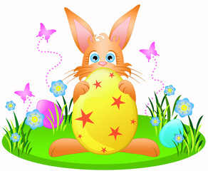 Little rabbit carrying a yellow Easter egg