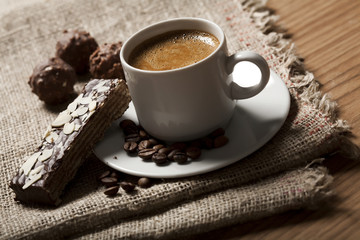 coffee and almond cake on sacking