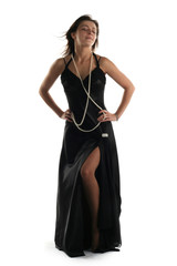 Girl in black dress isolated on white background