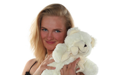 blond beautiful woman and teddy bear