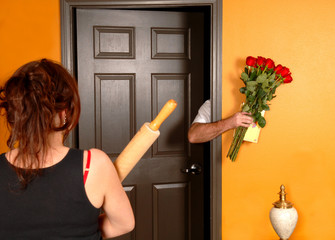 Husband coming home late to angry wife