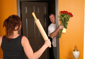 Husband coming home late to angry wife