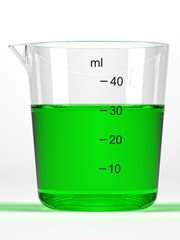 Graduated glass with green liquid on white background